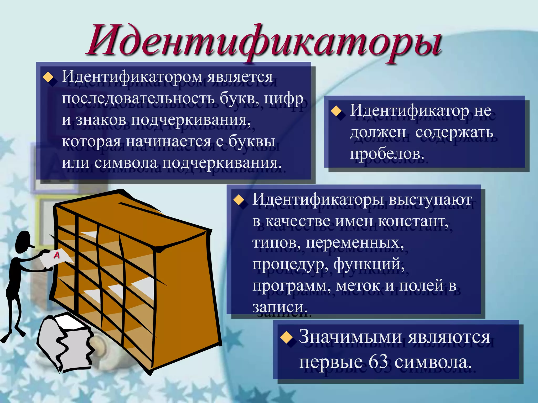 Идентификаторы
A
 Идентификатором является
последовательность букв, цифр
и знаков подчеркивания,
которая начинается с буквы
или символа подчеркивания.
 Идентификатор не
должен содержать
пробелов.
 Идентификаторы выступают
в качестве имен констант,
типов, переменных,
процедур, функций,
программ, меток и полей в
записи.
 Значимыми являются
первые 63 символа.
 