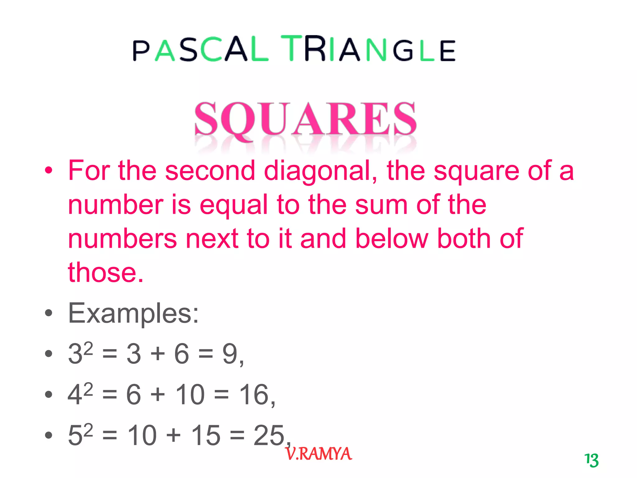 • For the second diagonal, the square of a
number is equal to the sum of the
numbers next to it and below both of
those.
• Examples:
• 32 = 3 + 6 = 9,
• 42 = 6 + 10 = 16,
• 52 = 10 + 15 = 25,
13V.RAMYA
 