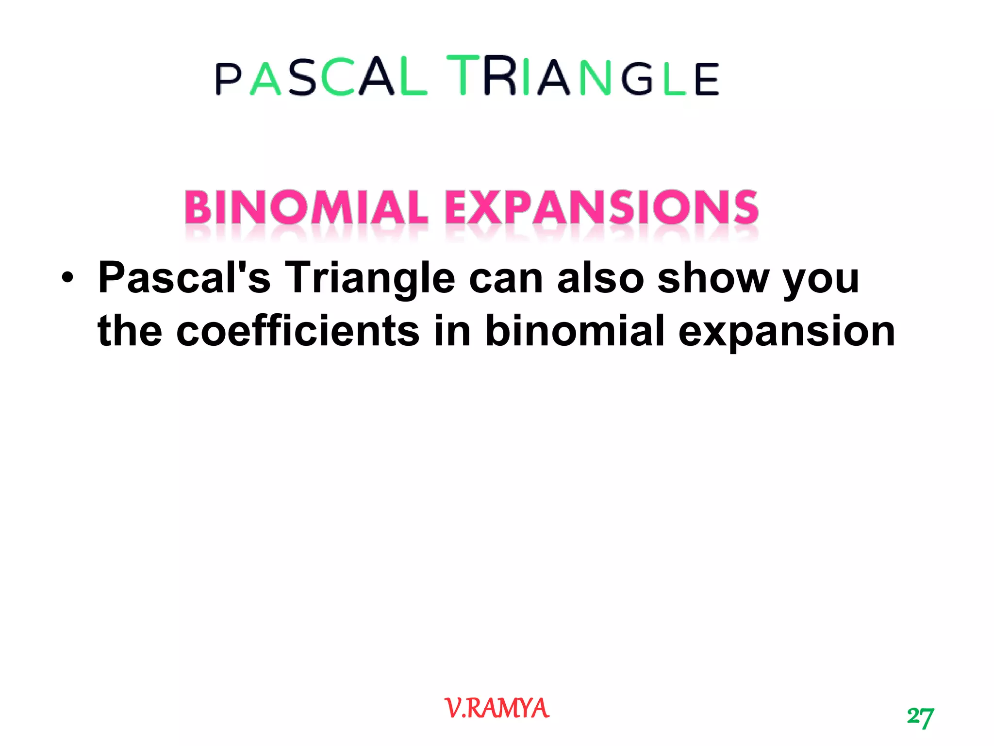 • Pascal's Triangle can also show you
the coefficients in binomial expansion
27V.RAMYA
 