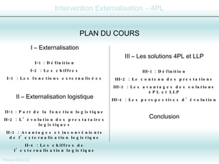 PLAN DU COURS I – Externalisation I-1 : Définition I-2 : Les chiffres I-3 : Les fonctions externalisées II – Externalisation logistique II-1 : Part de la fonction logistique II-2 : L’évolution des prestataires logistiques II-3 : Avantages et inconvénients de l’externalisation logistique II-4 : Les chiffres de l’externalisation logistique III – Les solutions 4PL et LLP III-1 : Définition III-2 : Le contenu des prestations III-3 : Les avantages des solutions 4PL et LLP III-4 : Les perspectives d’évolution Conclusion 