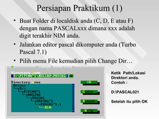 Persiapan Praktikum (1)Persiapan Praktikum (1)
• Buat Folder di localdisk anda (C, D, E atau F)Buat Folder di localdisk anda (C, D, E atau F)
dengan nama PASCALxxx dimana xxx adalahdengan nama PASCALxxx dimana xxx adalah
digit terakhir NIM anda.digit terakhir NIM anda.
• Jalankan editor pascal dikomputer anda (TurboJalankan editor pascal dikomputer anda (Turbo
Pascal 7.1)Pascal 7.1)
• Pilih menu File kemudian pilih Change Dir…Pilih menu File kemudian pilih Change Dir…
Ketik Path/Lokasi
Direktori anda.
Contoh :
D:PASCAL021
Setelah itu pilih OK
 