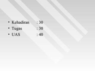 • KehadiranKehadiran : 30: 30
• TugasTugas : 30: 30
• UASUAS : 40: 40
 