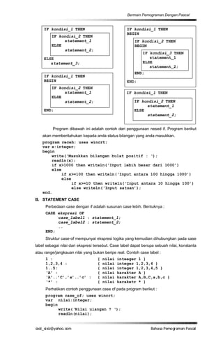 Bermain Pemograman Dengan Pascal


    IF kondisi_1 THEN                              IF kondisi_1 THEN
                                                   BEGIN
         IF kondisi_2 THEN
              statement_1                               IF kondisi_2 THEN
         ELSE                                           BEGIN
              statement_2;
                                                            IF kondisi_3 THEN
    ELSE                                                       statement_1
       statement_3;                                         ELSE
                                                               statement_2;
                                                        END;
    IF kondisi_1 THEN
    BEGIN                                          END;
         IF kondisi_2 THEN
              statement_1                          IF kondisi_1 THEN
         ELSE
              statement_2;                             IF kondisi_2 THEN
                                                            statement_1
    END;                                               ELSE
                                                            statement_2;


         Program dibawah ini adalah contoh dari penggunaan nesed if. Program berikut
    akan memberitahukan kepada anda status bilangan yang anda masukkan.
    program receh; uses wincrt;
    var x:integer;
    begin
        write(‘Masukkan bilangan bulat positif : ‘);
        readln(x);
        if x>1000 then writeln(‘Input lebih besar dari 1000’)
        else
             if x>=100 then writeln(‘Input antara 100 hingga 1000’)
             else
                  if x>=10 then writeln(‘Input antara 10 hingga 100’)
                  else writeln(‘Input satuan’);
    end.
B. STATEMENT CASE
     Perbedaan case dengan if adalah susunan case lebih. Bentuknya :
     CASE ekspresi OF
          case_label1 : statement_1;
          case_label2 : statement_2;
          ..
     END;
     Struktur case-of mempunyai ekspresi logika yang kemudian dihubungkan pada case
label sebagai nilai dari ekspresi tersebut. Case label dapat berupa sebuah nilai, konstanta
atau range/jangkauan nilai yang bukan beripe real. Contoh case label :
     1 :                           {   nilai   inteeger 1 }
     1,2,3,4 :                     {   nilai   integer 1,2,3,4 }
     1..5:                         {   nilai   integer 1,2,3,4,5 }
     ‘A’ :                         {   nilai   karakter A }
     ‘A’..’C’,’a’..’c’ :           {   nilai   karakter A,B,C,a,b,c }
     ‘*’ :                         {   nilai   karaketr * }
     Perhatikan contoh penggunaan case of pada program berikut :
     program case_of; uses wincrt;
     var nilai:integer;
     begin
           write(‘Nilai ulangan ? ‘);
           readln(nilai);


co s i a o . m
o l iz h oc
  _ x @y    o                                                    B h s e ga nP sa
                                                                  a aaP mo rma acl
 