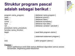 Struktur program pascal
adalah sebagai berikut :
program nama_program;              { deklarasi nama program }
uses .....                         { deklarasi piranti }
label ....                         { deklarasi label }
const ....                         { deklarasi konstanta }
type ....                          { deklarasi tipe data }
var ....                           { deklarasi variabel / perubah }
procedure nama_procedure;
function nama_function;
begin                              { awal blok program utama }
.
                                   { statement-statement program }
.
end.                               { akhir program utama }

Catatan :
   Dalam aplikasinya nanti tidak semua deklarasi digunakan semua secara
   bersamaan, tergantung pada kebutuhan.
 