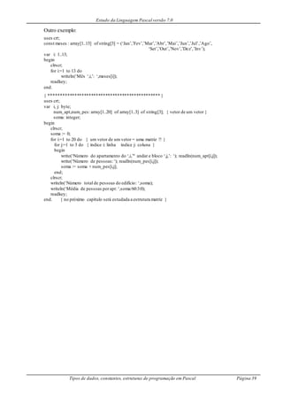 Estudo da Linguagem Pascal versão 7.0
Tipos de dados, constantes, estruturas de programação em Pascal Página 39
Outro exemplo:
uses crt;
const meses : array[1..13] of string[3] = (‘Jan’,’Fev’,’Mar’,’Abr’,’Mai’,’Jun’,’Jul’,’Ago’,
‘Set’,’Out’,’Nov’,’Dez’,’Inv’);
var i: 1..13;
begin
clrscr;
for i:=1 to 13 do
writeln(‘Mês ‘,i,’: ‘,meses[i]);
readkey;
end.
{ *********************************************** }
uses crt;
var i, j: byte;
num_apt,num_pes: array[1..20] of array[1..3] of string[3]; { vetor de um vetor }
soma: integer;
begin
clrscr;
soma := 0;
for i:=1 to 20 do { um vetor de um vetor = uma matriz !! }
for j:=1 to 3 do { índice i: linha índice j: coluna }
begin
write(‘Número do apartamento do ‘,i,’º andar e bloco ‘,j,’: ‘); readln(num_apt[i,j]);
write(‘Número de pessoas:‘); readln(num_pes[i,j]);
soma := soma + num_pes[i,j];
end;
clrscr;
writeln(‘Número total de pessoas do edifício: ‘,soma);
writeln(‘Média de pessoas porapt: ‘,soma/60:3:0);
readkey;
end. { no próximo capítulo será estudada a estrutura matriz }
 