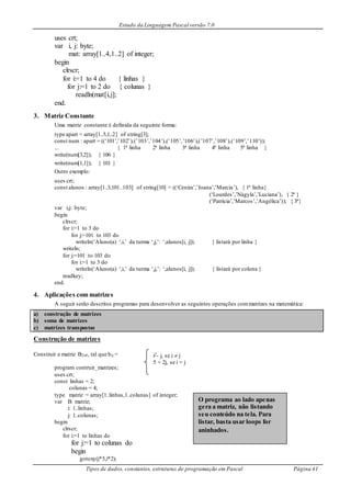 Estudo da Linguagem Pascal versão 7.0
Tipos de dados, constantes, estruturas de programação em Pascal Página 41
uses crt;
var i, j: byte;
mat: array[1..4,1..2] of integer;
begin
clrscr;
for i:=1 to 4 do { linhas }
for j:=1 to 2 do { colunas }
readln(mat[i,j];
end.
3. Matriz Constante
Uma matriz constante é definida da seguinte forma:
type apart = array[1..5,1..2] of string[3];
const num : apart = ((‘101’,’102’),(’103’,’104’),(’105’,’106’),(’107’,’108’),(’109’,’110’));
... { 1ª linha 2ª linha 3ª linha 4ª linha 5ª linha }
write(num[3,2]); { 106 }
write(num[1,1]); { 101 }
Outro exemplo:
uses crt;
const alunos : array[1..3,101..103] of string[10] = ((‘Cenira’,’Joana’,’Marcia’), { 1ª linha}
(‘Lourdes’,’Nágyla’,’Luciana’), { 2ª }
(‘Patrícia’,’Marcos’,’Angélica’)); { 3ª}
var i,j: byte;
begin
clrscr;
for i:=1 to 3 do
for j:=101 to 103 do
writeln(‘Aluno(a) ‘,i,’ da turma ‘,j,’: ‘,alunos[i, j]); { listará por linha }
writeln;
for j:=101 to 103 do
for i:=1 to 3 do
writeln(‘Aluno(a) ‘,i,’ da turma ‘,j,’: ‘,alunos[i, j]); { listará por coluna }
readkey;
end.
4. Aplicações com matrizes
A seguir serão descritos programas para desenvolver as seguintes operações commatrizes na matemática:
a) construção de matrizes
b) soma de matrizes
c) matrizes transpostas
Construção de matrizes
Construir a matriz B2x4, tal que bij =
program contruir_matrizes;
uses crt;
const linhas = 2;
colunas = 4;
type matriz = array[1..linhas,1..colunas] of integer;
var B: matriz;
i: 1..linhas;
j: 1..colunas;
begin
clrscr;
for i:=1 to linhas do
for j:=1 to colunas do
begin
gotoxy(j*5,i*2);
i2- j, se i  j
5 + 2j, se i = j
O programa ao lado apenas
gera a matriz, não listando
seu conteúdo na tela. Para
listar, basta usar loops for
aninhados.
 