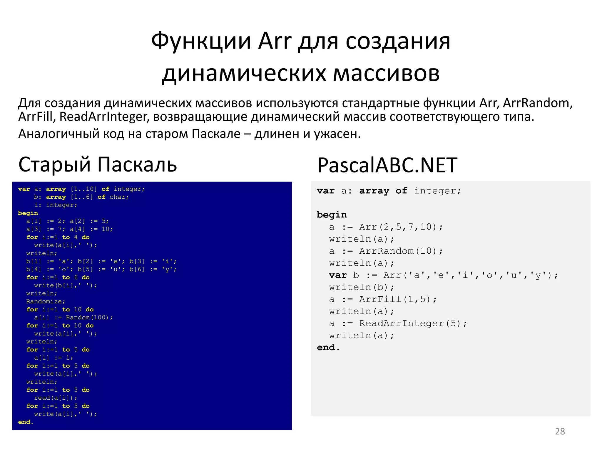 Функции Arr для создания
динамических массивов
Для создания динамических массивов используются стандартные функции Arr, ArrRandom,
ArrFill, ReadArrInteger, возвращающие динамический массив соответствующего типа.
Аналогичный код на старом Паскале – длинен и ужасен.
28
var a: array [1..10] of integer;
b: array [1..6] of char;
i: integer;
begin
a[1] := 2; a[2] := 5;
a[3] := 7; a[4] := 10;
for i:=1 to 4 do
write(a[i],' ');
writeln;
b[1] := 'a'; b[2] := 'e'; b[3] := 'i';
b[4] := 'o'; b[5] := 'u'; b[6] := 'y';
for i:=1 to 6 do
write(b[i],' ');
writeln;
Randomize;
for i:=1 to 10 do
a[i] := Random(100);
for i:=1 to 10 do
write(a[i],' ');
writeln;
for i:=1 to 5 do
a[i] := 1;
for i:=1 to 5 do
write(a[i],' ');
writeln;
for i:=1 to 5 do
read(a[i]);
for i:=1 to 5 do
write(a[i],' ');
end.
Старый Паскаль
var a: array of integer;
begin
a := Arr(2,5,7,10);
writeln(a);
a := ArrRandom(10);
writeln(a);
var b := Arr('a','e','i','o','u','y');
writeln(b);
a := ArrFill(1,5);
writeln(a);
a := ReadArrInteger(5);
writeln(a);
end.
PascalABC.NET
 