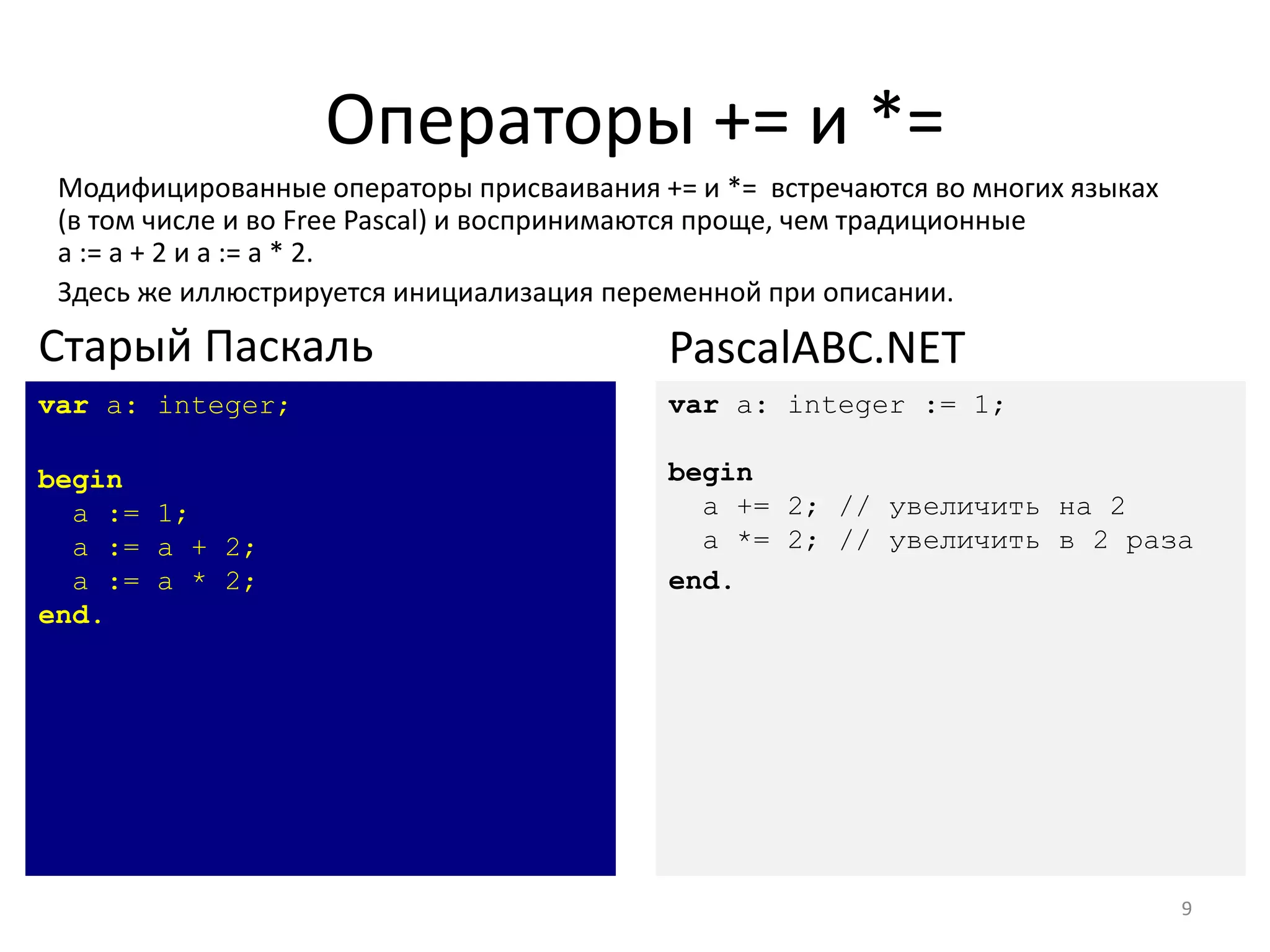 Операторы += и *=
Модифицированные операторы присваивания += и *= встречаются во многих языках
(в том числе и во Free Pascal) и воспринимаются проще, чем традиционные
a := a + 2 и a := a * 2.
Здесь же иллюстрируется инициализация переменной при описании.
9
var a: integer;
begin
a := 1;
a := a + 2;
a := a * 2;
end.
Старый Паскаль
var a: integer := 1;
begin
a += 2; // увеличить на 2
a *= 2; // увеличить в 2 раза
end.
PascalABC.NET
 