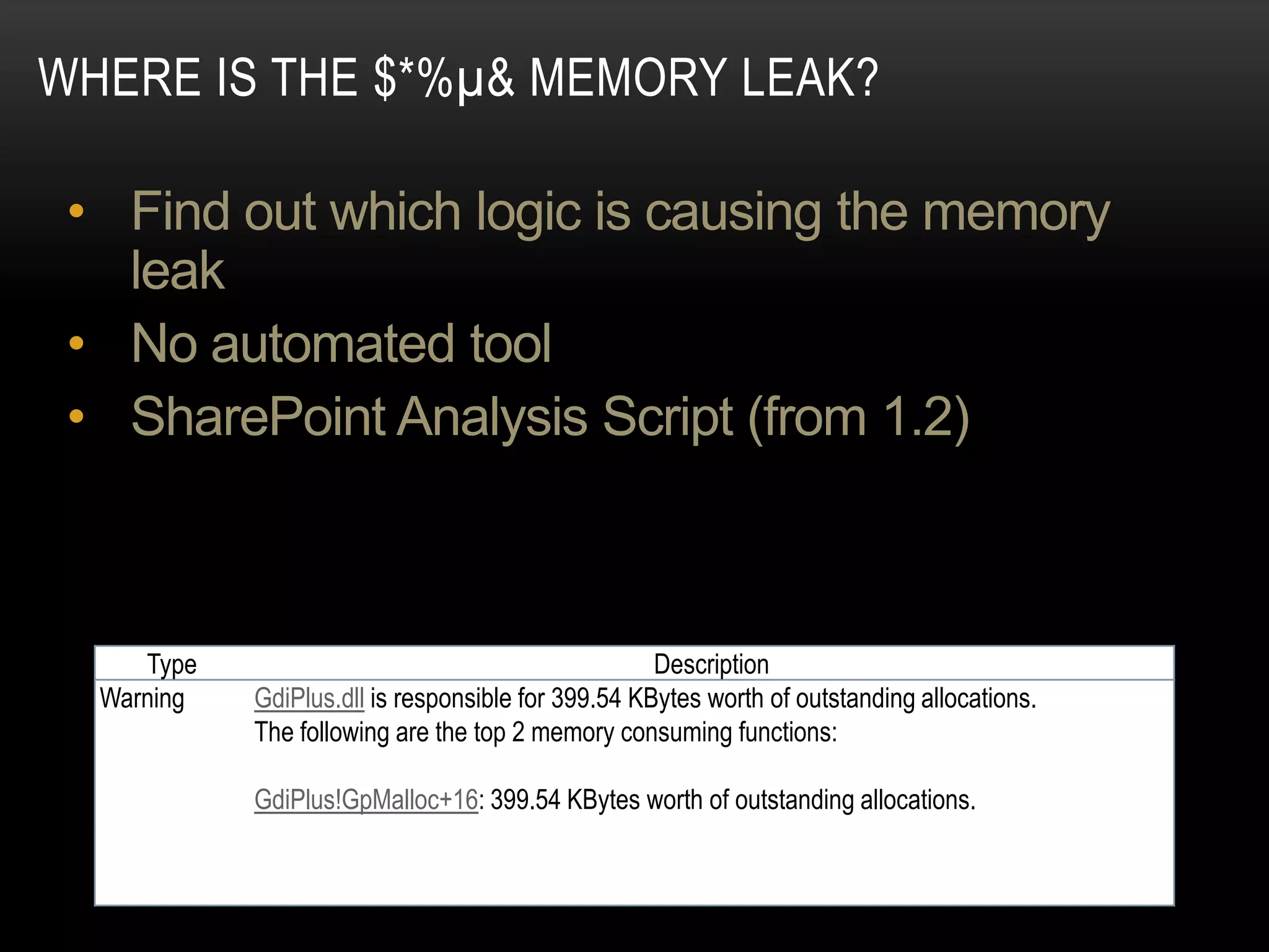 WHERE IS THE $*%µ& MEMORY LEAK?

 •

 •
 •



        Type                                           Description
     Warning   GdiPlus.dll is responsible for 399.54 KBytes worth of outstanding allocations.
               The following are the top 2 memory consuming functions:

               GdiPlus!GpMalloc+16: 399.54 KBytes worth of outstanding allocations.
 