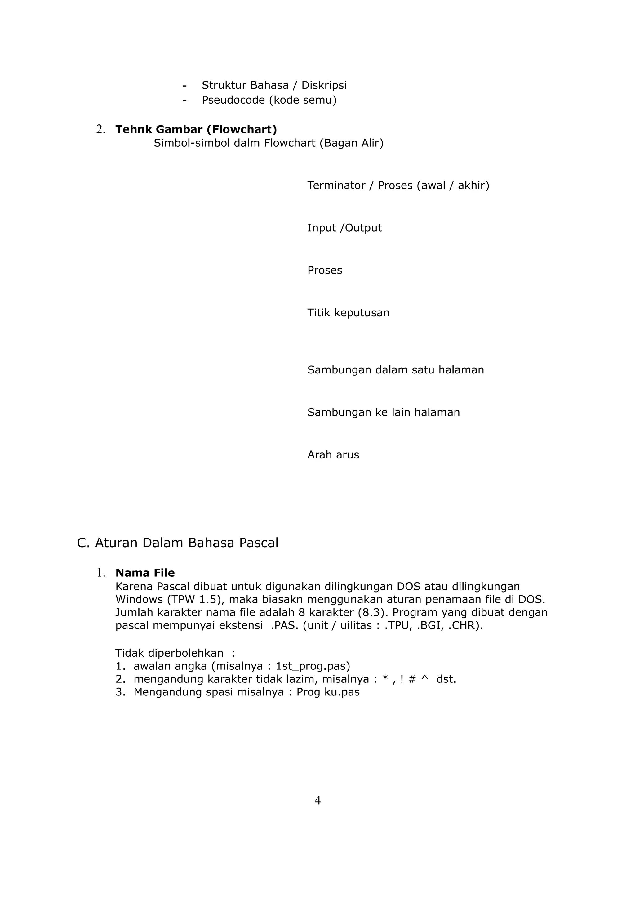 -   Struktur Bahasa / Diskripsi
                 -   Pseudocode (kode semu)

  2. Tehnk Gambar (Flowchart)
           Simbol-simbol dalm Flowchart (Bagan Alir)


                                        Terminator / Proses (awal / akhir)


                                        Input /Output


                                        Proses


                                        Titik keputusan




                                        Sambungan dalam satu halaman


                                        Sambungan ke lain halaman


                                        Arah arus




C. Aturan Dalam Bahasa Pascal

  1. Nama File
     Karena Pascal dibuat untuk digunakan dilingkungan DOS atau dilingkungan
     Windows (TPW 1.5), maka biasakn menggunakan aturan penamaan file di DOS.
     Jumlah karakter nama file adalah 8 karakter (8.3). Program yang dibuat dengan
     pascal mempunyai ekstensi .PAS. (unit / uilitas : .TPU, .BGI, .CHR).

     Tidak diperbolehkan :
     1. awalan angka (misalnya : 1st_prog.pas)
     2. mengandung karakter tidak lazim, misalnya : * , ! # ^ dst.
     3. Mengandung spasi misalnya : Prog ku.pas




                                         4
 