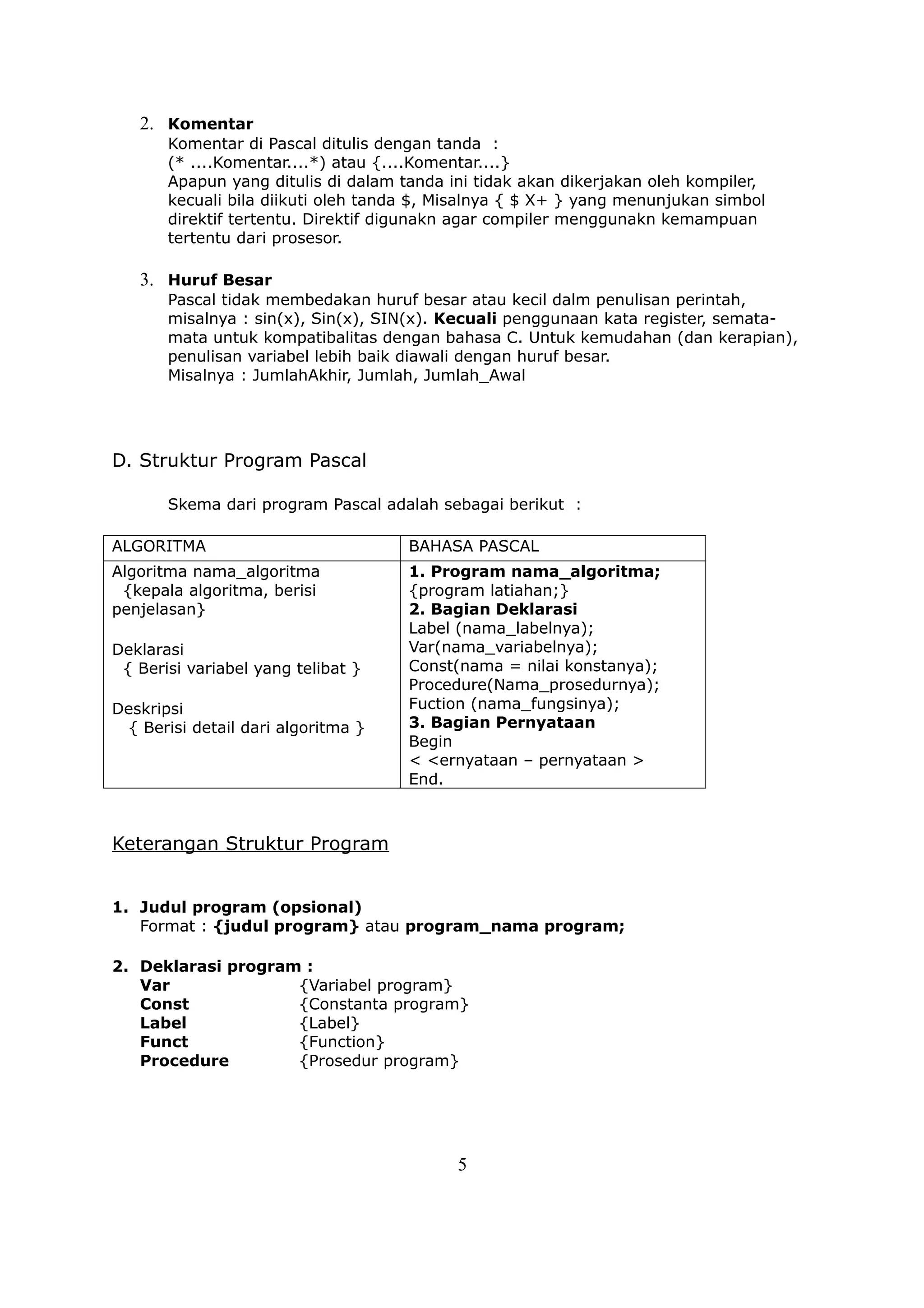 2. Komentar
       Komentar di Pascal ditulis dengan tanda :
       (* ....Komentar....*) atau {....Komentar....}
       Apapun yang ditulis di dalam tanda ini tidak akan dikerjakan oleh kompiler,
       kecuali bila diikuti oleh tanda $, Misalnya { $ X+ } yang menunjukan simbol
       direktif tertentu. Direktif digunakn agar compiler menggunakn kemampuan
       tertentu dari prosesor.

   3. Huruf Besar
       Pascal tidak membedakan huruf besar atau kecil dalm penulisan perintah,
       misalnya : sin(x), Sin(x), SIN(x). Kecuali penggunaan kata register, semata-
       mata untuk kompatibalitas dengan bahasa C. Untuk kemudahan (dan kerapian),
       penulisan variabel lebih baik diawali dengan huruf besar.
       Misalnya : JumlahAkhir, Jumlah, Jumlah_Awal




D. Struktur Program Pascal

       Skema dari program Pascal adalah sebagai berikut :

ALGORITMA                            BAHASA PASCAL
Algoritma nama_algoritma             1. Program nama_algoritma;
 {kepala algoritma, berisi           {program latiahan;}
penjelasan}                          2. Bagian Deklarasi
                                     Label (nama_labelnya);
Deklarasi                            Var(nama_variabelnya);
 { Berisi variabel yang telibat }    Const(nama = nilai konstanya);
                                     Procedure(Nama_prosedurnya);
Deskripsi                            Fuction (nama_fungsinya);
 { Berisi detail dari algoritma }    3. Bagian Pernyataan
                                     Begin
                                     < <ernyataan – pernyataan >
                                     End.



Keterangan Struktur Program


1. Judul program (opsional)
   Format : {judul program} atau program_nama program;

2. Deklarasi program :
   Var              {Variabel program}
   Const            {Constanta program}
   Label            {Label}
   Funct            {Function}
   Procedure        {Prosedur program}




                                           5
 