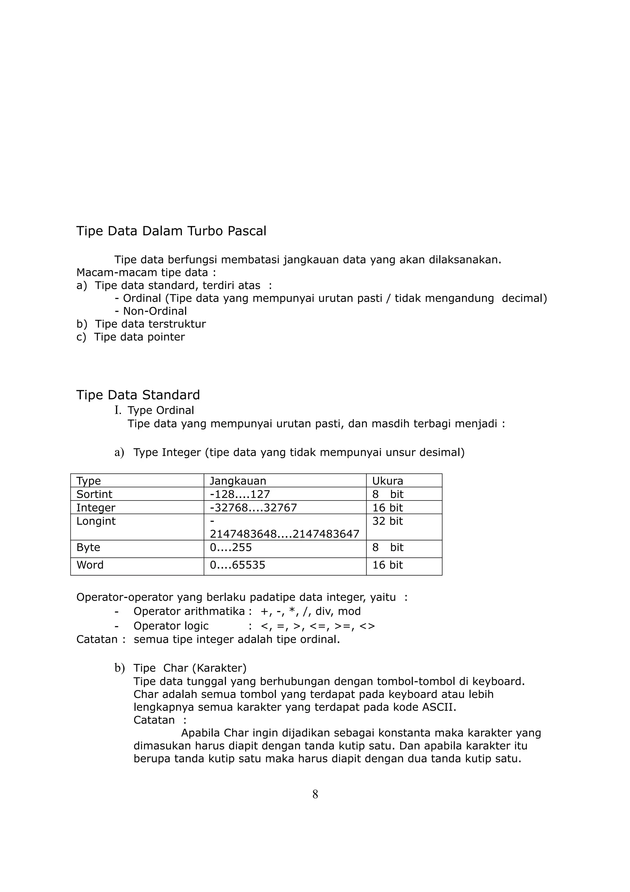 Tipe Data Dalam Turbo Pascal

       Tipe data berfungsi membatasi jangkauan data yang akan dilaksanakan.
Macam-macam tipe data :
a) Tipe data standard, terdiri atas :
       - Ordinal (Tipe data yang mempunyai urutan pasti / tidak mengandung decimal)
       - Non-Ordinal
b) Tipe data terstruktur
c) Tipe data pointer




Tipe Data Standard
      I. Type Ordinal
          Tipe data yang mempunyai urutan pasti, dan masdih terbagi menjadi :

       a) Type Integer (tipe data yang tidak mempunyai unsur desimal)

Type                    Jangkauan                     Ukura
Sortint                 -128....127                   8 bit
Integer                 -32768....32767               16 bit
Longint                 -                             32 bit
                        2147483648....2147483647
Byte                    0....255                      8   bit
Word                    0....65535                    16 bit


Operator-operator yang berlaku padatipe data integer, yaitu :
      - Operator arithmatika : +, -, *, /, div, mod
      - Operator logic         : <, =, >, <=, >=, <>
Catatan : semua tipe integer adalah tipe ordinal.

       b) Tipe Char (Karakter)
           Tipe data tunggal yang berhubungan dengan tombol-tombol di keyboard.
           Char adalah semua tombol yang terdapat pada keyboard atau lebih
           lengkapnya semua karakter yang terdapat pada kode ASCII.
           Catatan :
                    Apabila Char ingin dijadikan sebagai konstanta maka karakter yang
           dimasukan harus diapit dengan tanda kutip satu. Dan apabila karakter itu
           berupa tanda kutip satu maka harus diapit dengan dua tanda kutip satu.


                                           8
 