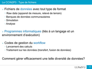 Le CCIN2P3 : Type de fichiers
11
 Fichiers de données avec tout type de format
◦ Raw data (appareil de mesure, relevé de terrain)
◦ Banques de données communautaires
◦ Simulation
◦ Analyse
 Programmes informatiques (liés à un langage et un
environnement d’exécution)
 Codes de gestion du workflow
◦ Lancement des calculs
◦ Traitement sur les données (transfert, fusion de données)
Comment gérer efficacement une telle diversité de données?
 