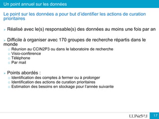 Un point annuel sur les données
17
Le point sur les données a pour but d’identifier les actions de curation
prioritaires
 Réalisé avec le(s) responsable(s) des données au moins une fois par an
 Difficile à organiser avec 170 groupes de recherche répartis dans le
monde
o Réunion au CCIN2P3 ou dans le laboratoire de recherche
o Visio-conférence
o Téléphone
o Par mail
 Points abordés :
o Identification des comptes à fermer ou à prolonger
o Identification des actions de curation prioritaires
o Estimation des besoins en stockage pour l’année suivante
 