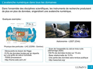 L’avalanche numérique dans tous les domaines
3
Dans l’ensemble des disciplines scientifiques, les instruments de recherche produisent
de plus en plus de données, engendrant une avalanche numérique.
• Découverte du boson de Higgs
•15 Po de données brutes par an répartis
sur une grille de calcul mondiale
• 70000 processeurs
• http://home.web.cern.ch/
• Scan de l’ensemble du ciel en trois nuits
(démarrage 2020)
•150 Po de données brutes sur 15 ans
• Base relationnelle de 15 Po
• Une partie des données sera rendue publique
• http://www.lsst.org/
Physique des particules - LHC (CERN - Genève)
Astronomie - LSST (Chili)
Quelques exemples :
 