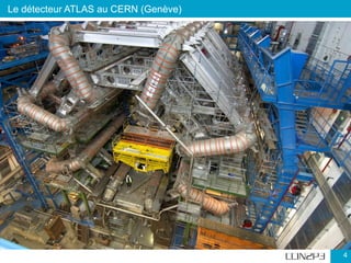 Le détecteur ATLAS au CERN (Genève)
4
Dans l’ensemble des disciplines scientifiques, les instruments de recherche produisent
de plus en plus de données, engendrant une avalanche numérique.
• Découverte du boson de Higgs
•15 Po de données brutes par an répartis
sur une grille de calcul mondiale
• 70000 processeurs
• http://home.web.cern.ch/
• Scanne de l’ensemble du ciel en trois nuits
(démarrage 2020)
•150 de données brutes sur 15 ans
• Base relationnelle de 15 Po
• Une partie des données sera rendue public
• http://www.lsst.org/
Physique des particules - LHC (CERN - Geneve)
Astronomie - LSST (Chili)
Quelques exemples :
 