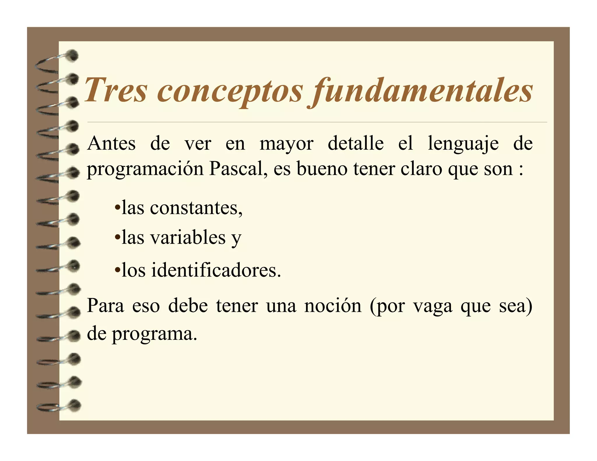 Tres conceptos fundamentales
Antes de ver en mayor detalle el lenguaje de
programación Pascal, es bueno tener claro que son :
   •las constantes,
   •las variables y
   •los identificadores.
Para eso debe tener una noción (por vaga que sea)
de programa.
 