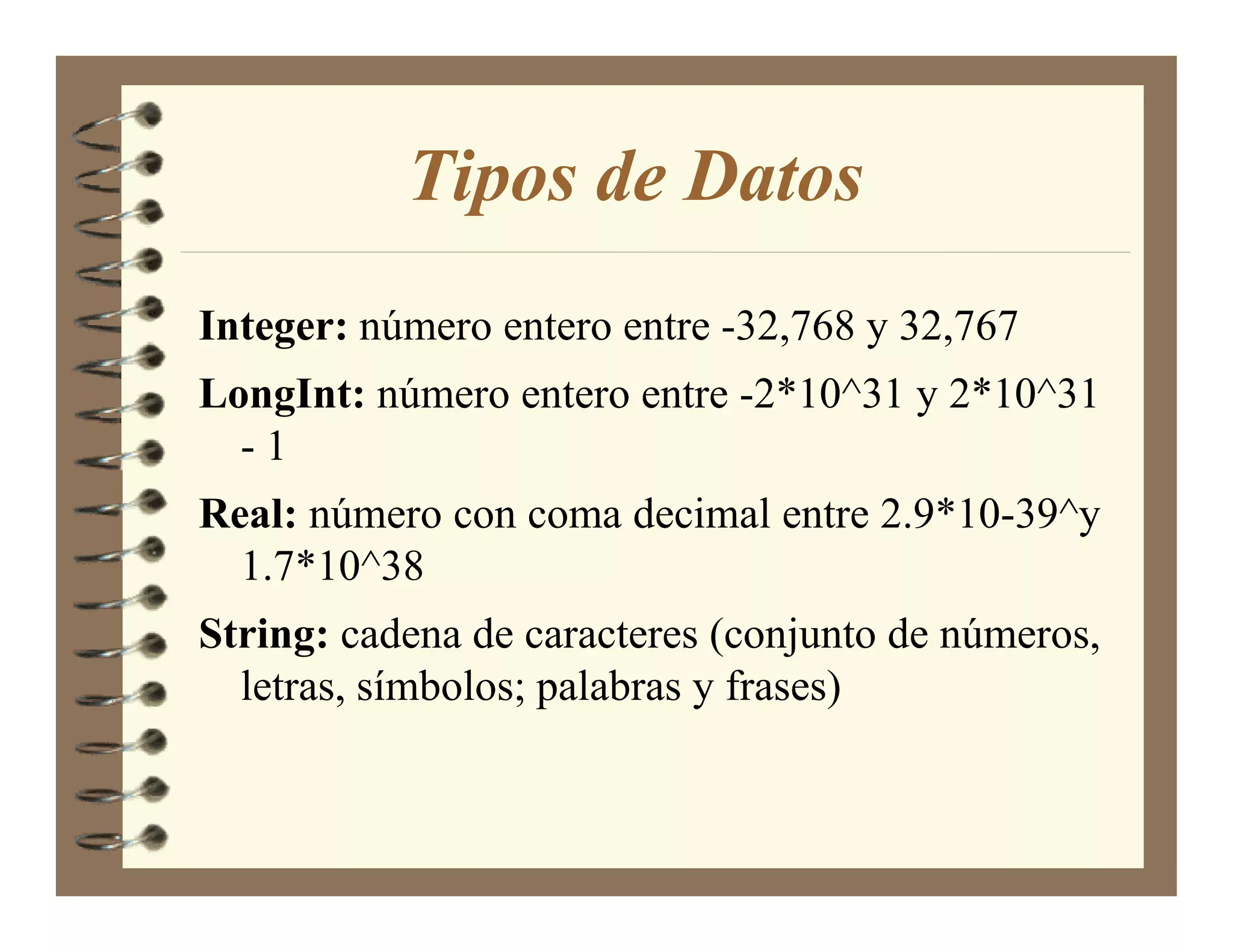 Tipos de Datos
Integer: número entero entre -32,768 y 32,767
LongInt: número entero entre -2*10^31 y 2*10^31
  -1
Real: número con coma decimal entre 2.9*10-39^y
  1.7*10^38
String: cadena de caracteres (conjunto de números,
  letras, símbolos; palabras y frases)
 
