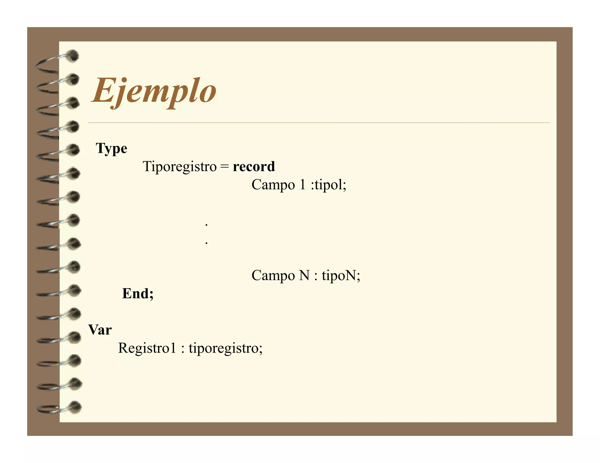 Ejemplo
Type
          Tiporegistro = record
                            Campo 1 :tipol;

                    .
                    .

                             Campo N : tipoN;
      End;

Var
      Registro1 : tiporegistro;
 