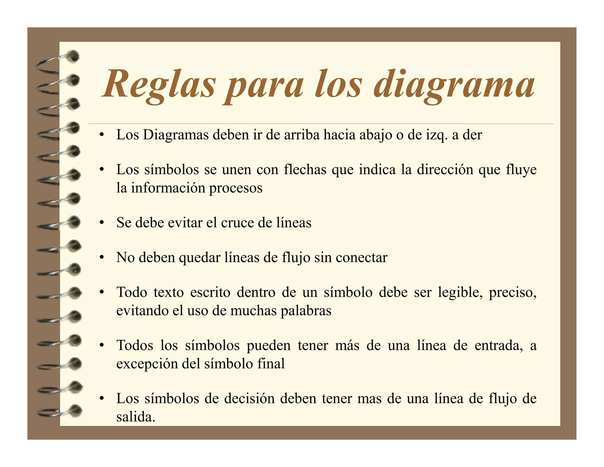 Reglas para los diagrama
• Los Diagramas deben ir de arriba hacia abajo o de izq. a der

• Los símbolos se unen con flechas que indica la dirección que fluye
  la información procesos

• Se debe evitar el cruce de líneas

• No deben quedar líneas de flujo sin conectar

• Todo texto escrito dentro de un símbolo debe ser legible, preciso,
  evitando el uso de muchas palabras

• Todos los símbolos pueden tener más de una línea de entrada, a
  excepción del símbolo final

• Los símbolos de decisión deben tener mas de una línea de flujo de
  salida.
 