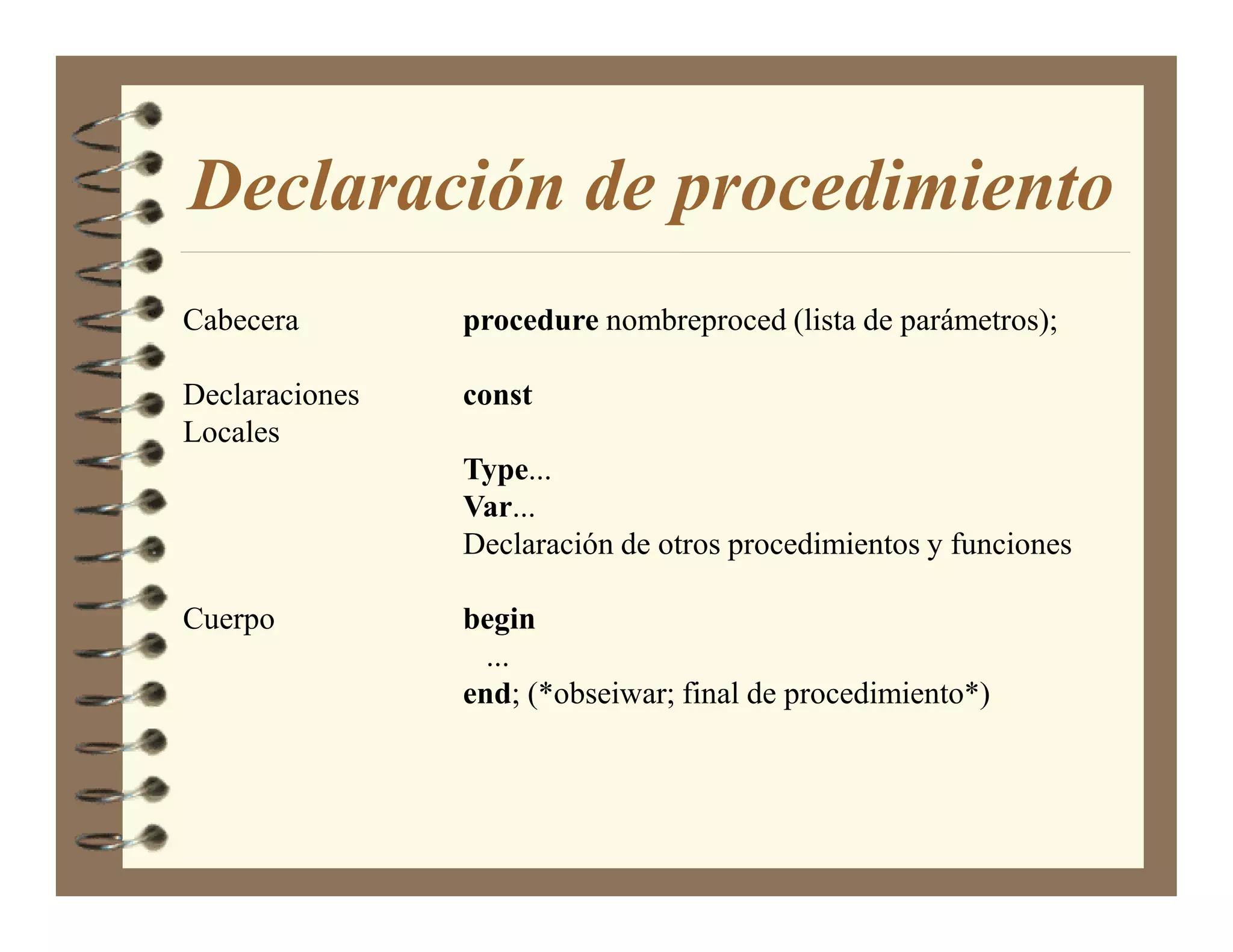Declaración de procedimiento
Cabecera        procedure nombreproced (lista de parámetros);

Declaraciones   const
Locales
                Type...
                Var...
                Declaración de otros procedimientos y funciones

Cuerpo          begin
                  ...
                end; (*obseiwar; final de procedimiento*)
 