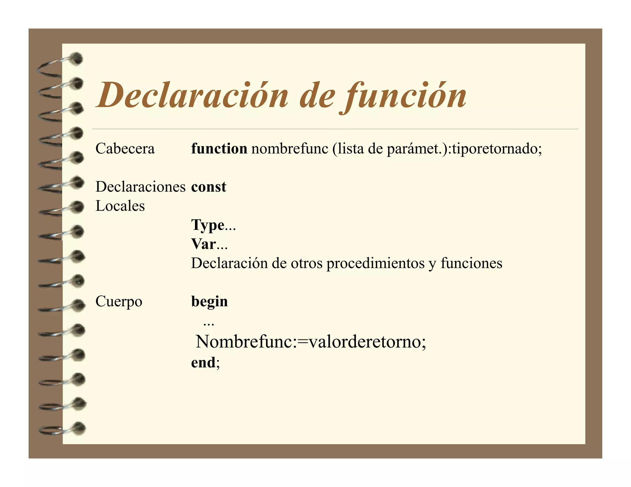 Declaración de función
Cabecera      function nombrefunc (lista de parámet.):tiporetornado;

Declaraciones const
Locales
              Type...
              Var...
              Declaración de otros procedimientos y funciones

Cuerpo        begin
               ...
               Nombrefunc:=valorderetorno;
              end;
 