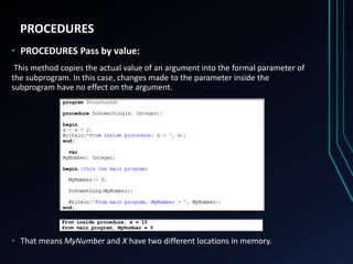 PROCEDURES
• PROCEDURES Pass by value:
This method copies the actual value of an argument into the formal parameter of
the subprogram. In this case, changes made to the parameter inside the
subprogram have no effect on the argument.
• That means MyNumber and X have two different locations in memory.
 