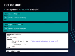 FOR-DO LOOP
• The syntax of for-do loop as follows:
for low to high do
begin
The computer will do something;
end;
for high downto low do
begin
The computer will do something;
end;
 