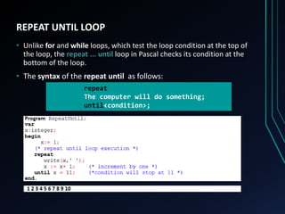 REPEAT UNTIL LOOP
• Unlike for and while loops, which test the loop condition at the top of
the loop, the repeat ... until loop in Pascal checks its condition at the
bottom of the loop.
• The syntax of the repeat until as follows:
repeat
The computer will do something;
until<condition>;
 