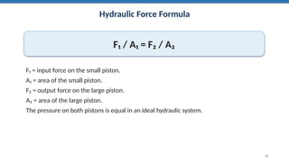 Hydraulic Force Formula
F₁ / A₁ = F₂ / A₂
F₁ = input force on the small piston.
A₁ = area of the small piston.
F₂ = output force on the large piston.
A₂ = area of the large piston.
The pressure on both pistons is equal in an ideal hydraulic system.
20
 