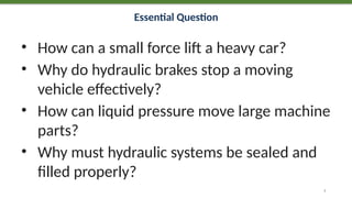 Essential Question
• How can a small force lift a heavy car?
• Why do hydraulic brakes stop a moving
vehicle effectively?
• How can liquid pressure move large machine
parts?
• Why must hydraulic systems be sealed and
filled properly?
3
 