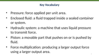 Key Vocabulary
• Pressure: force applied per unit area.
• Enclosed fluid: a fluid trapped inside a sealed container
or system.
• Hydraulic system: a machine that uses liquid pressure
to transmit force.
• Piston: a movable part that pushes on or is pushed by
fluid.
• Force multiplication: producing a larger output force
using a larger output area. 5
 