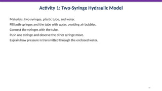 Activity 1: Two-Syringe Hydraulic Model
Materials: two syringes, plastic tube, and water.
Fill both syringes and the tube with water, avoiding air bubbles.
Connect the syringes with the tube.
Push one syringe and observe the other syringe move.
Explain how pressure is transmitted through the enclosed water.
52
 