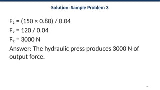 Solution: Sample Problem 3
F₂ = (150 × 0.80) / 0.04
F₂ = 120 / 0.04
F₂ = 3000 N
Answer: The hydraulic press produces 3000 N of
output force.
66
 