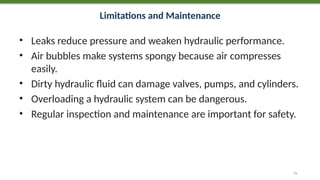 Limitations and Maintenance
• Leaks reduce pressure and weaken hydraulic performance.
• Air bubbles make systems spongy because air compresses
easily.
• Dirty hydraulic fluid can damage valves, pumps, and cylinders.
• Overloading a hydraulic system can be dangerous.
• Regular inspection and maintenance are important for safety.
73
 