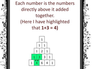 Each number is the numbers
directly above it added
together.
(Here I have highlighted
that 1+3 = 4)
 