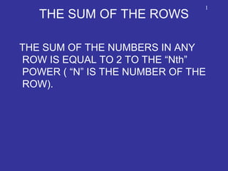 THE SUM OF THE ROWS
THE SUM OF THE NUMBERS IN ANY
ROW IS EQUAL TO 2 TO THE “Nth”
POWER ( “N” IS THE NUMBER OF THE
ROW).
1
 
