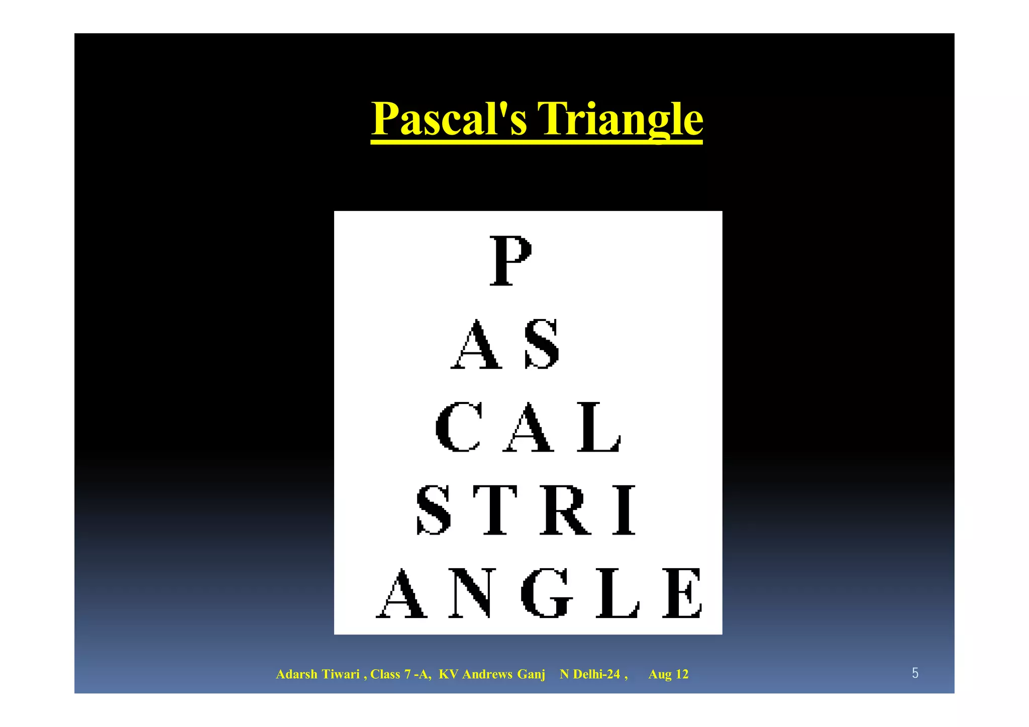 Pascal's Triangle




Adarsh Tiwari , Class 7 -A, KV Andrews Ganj   N Delhi-24 ,   Aug 12   5
 