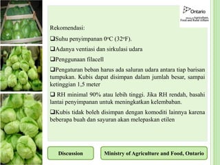 Rekomendasi:
Suhu penyimpanan 0oC (32oF).
Adanya ventiasi dan sirkulasi udara
Penggunaan filacell
Pengaturan beban harus ada saluran udara antara tiap barisan
tumpukan. Kubis dapat disimpan dalam jumlah besar, sampai
ketinggian 1,5 meter
 RH minimal 90% atau lebih tinggi. Jika RH rendah, basahi
lantai penyimpanan untuk meningkatkan kelembaban.
Kubis tidak boleh disimpan dengan komoditi lainnya karena
beberapa buah dan sayuran akan melepaskan etilen
Ministry of Agriculture and Food, Ontario
Discussion
 