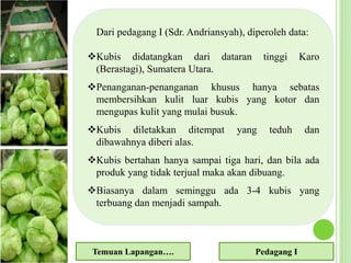 Dari pedagang I (Sdr. Andriansyah), diperoleh data:
Kubis didatangkan dari dataran tinggi Karo
(Berastagi), Sumatera Utara.
Penanganan-penanganan khusus hanya sebatas
membersihkan kulit luar kubis yang kotor dan
mengupas kulit yang mulai busuk.
Kubis diletakkan ditempat yang teduh dan
dibawahnya diberi alas.
Kubis bertahan hanya sampai tiga hari, dan bila ada
produk yang tidak terjual maka akan dibuang.
Biasanya dalam seminggu ada 3-4 kubis yang
terbuang dan menjadi sampah.
Temuan Lapangan…. Pedagang I
 