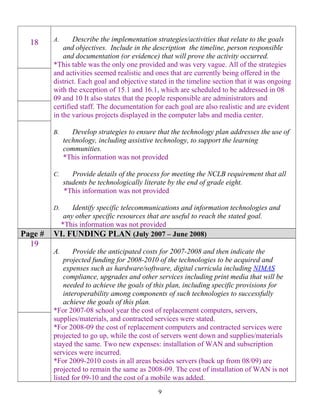 18 A. Describe the implementation strategies/activities that relate to the goals
and objectives. Include in the description the timeline, person responsible
and documentation (or evidence) that will prove the activity occurred.
*This table was the only one provided and was very vague. All of the strategies
and activities seemed realistic and ones that are currently being offered in the
district. Each goal and objective stated in the timeline section that it was ongoing
with the exception of 15.1 and 16.1, which are scheduled to be addressed in 08
09 and 10 It also states that the people responsible are administrators and
certified staff. The documentation for each goal are also realistic and are evident
in the various projects displayed in the computer labs and media center.
B. Develop strategies to ensure that the technology plan addresses the use of
technology, including assistive technology, to support the learning
communities.
*This information was not provided
C. Provide details of the process for meeting the NCLB requirement that all
students be technologically literate by the end of grade eight.
*This information was not provided
D. Identify specific telecommunications and information technologies and
any other specific resources that are useful to reach the stated goal.
*This information was not provided
Page # VI. FUNDING PLAN (July 2007 – June 2008)
19
A. Provide the anticipated costs for 2007-2008 and then indicate the
projected funding for 2008-2010 of the technologies to be acquired and
expenses such as hardware/software, digital curricula including NIMAS
compliance, upgrades and other services including print media that will be
needed to achieve the goals of this plan, including specific provisions for
interoperability among components of such technologies to successfully
achieve the goals of this plan.
*For 2007-08 school year the cost of replacement computers, servers,
supplies/materials, and contracted services were stated.
*For 2008-09 the cost of replacement computers and contracted services were
projected to go up, while the cost of servers went down and supplies/materials
stayed the same. Two new expenses: installation of WAN and subscription
services were incurred.
*For 2009-2010 costs in all areas besides servers (back up from 08/09) are
projected to remain the same as 2008-09. The cost of installation of WAN is not
listed for 09-10 and the cost of a mobile was added.
9
 