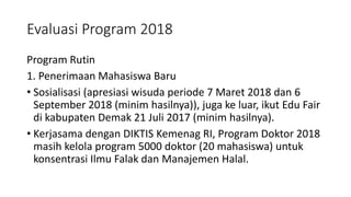 Evaluasi Program 2018
Program Rutin
1. Penerimaan Mahasiswa Baru
• Sosialisasi (apresiasi wisuda periode 7 Maret 2018 dan ...