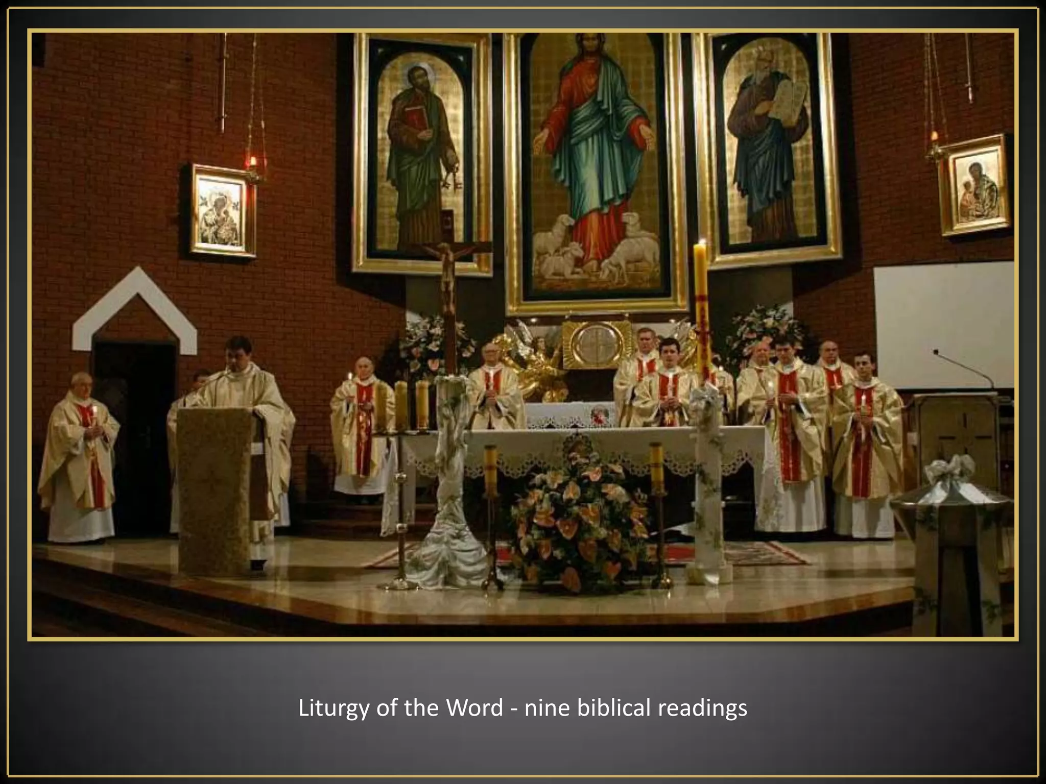 Liturgy of the Eucharist - Its course is similar to the Eucharistic liturgy of other Sundays, but the  The ceremony is completed by a solemn Resurrection Procession with the Blessed Sacrament.In some churches, the procession is not the Easter Vigil, but before the first Mass on Sunday morning. In Sunday the Mass begins at the Tomb of the Lord, there the priest announces the resurrection of Christ.After returning to the church chants a solemn hymn Te Deum, and the priest blesses the people of the Blessed Sacrament.