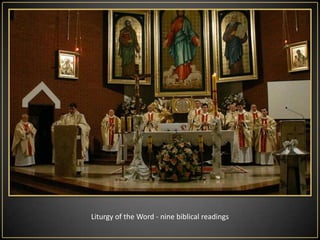 Liturgy of the Eucharist - Its course is similar to the Eucharistic liturgy of other Sundays, but the  The ceremony is completed by a solemn Resurrection Procession with the Blessed Sacrament.In some churches, the procession is not the Easter Vigil, but before the first Mass on Sunday morning. In Sunday the Mass begins at the Tomb of the Lord, there the priest announces the resurrection of Christ.After returning to the church chants a solemn hymn Te Deum, and the priest blesses the people of the Blessed Sacrament.