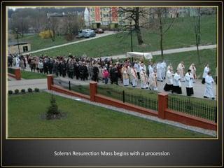The faithful light their candles from the paschal candle, the inside of the church is filled with light