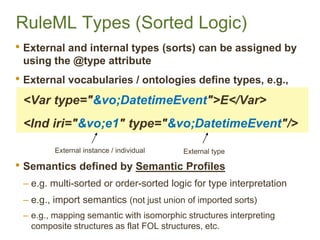 RuleMLTypes (Sorted Logic) 
•External and internal types (sorts) can be assigned by using the @type attribute 
•External v...