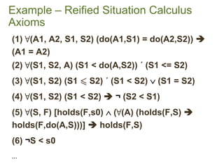 Example–ReifiedSituation CalculusAxioms 
(1) 8(A1, A2, S1, S2) (do(A1,S1) = do(A2,S2))  (A1 = A2) 
(2) 8(S1, S2, A) (S1 <...