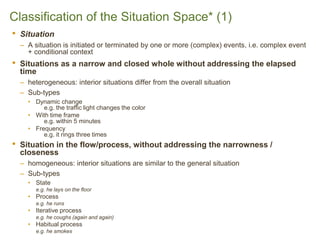 Classification of the Situation Space* (1) 
•Situation 
–A situation is initiated or terminated by one or more (complex) e...