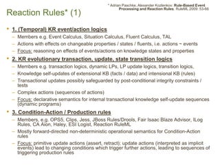 ReactionRules* (1) 
•1. (Temporal) KR event/action logics 
–Members e.g. Event Calculus, Situation Calculus, Fluent Calcul...