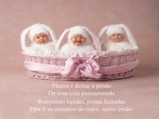 Páscoa é deixar a prisão De uma vida ensimesmada Rompendo lápides, portas fechadas Para ir ao encontro do outro, nosso irmão  